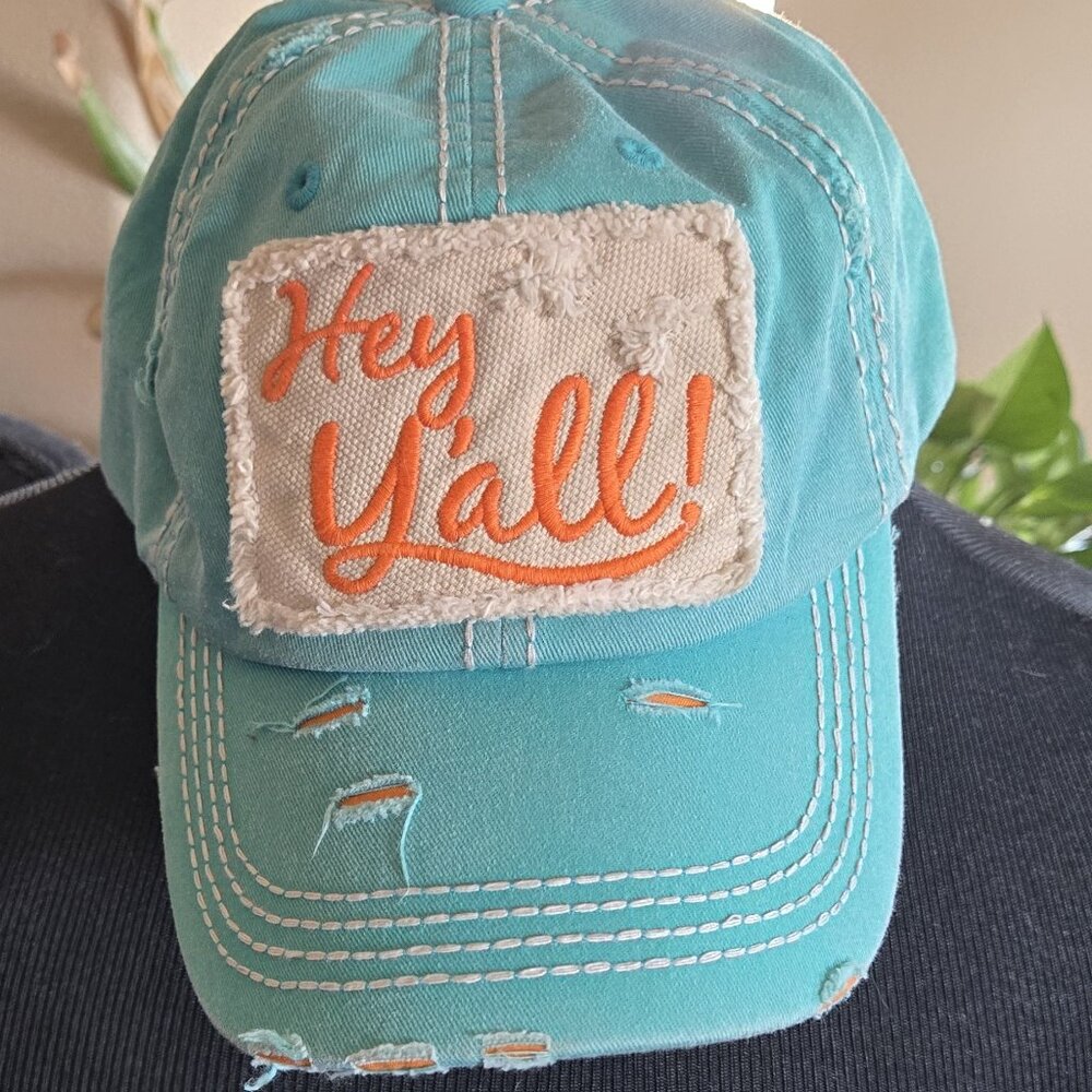 HEY Y'ALL! Distressed Hat Teal Embroidered Patch Kbethos Vtg Southern Drawl